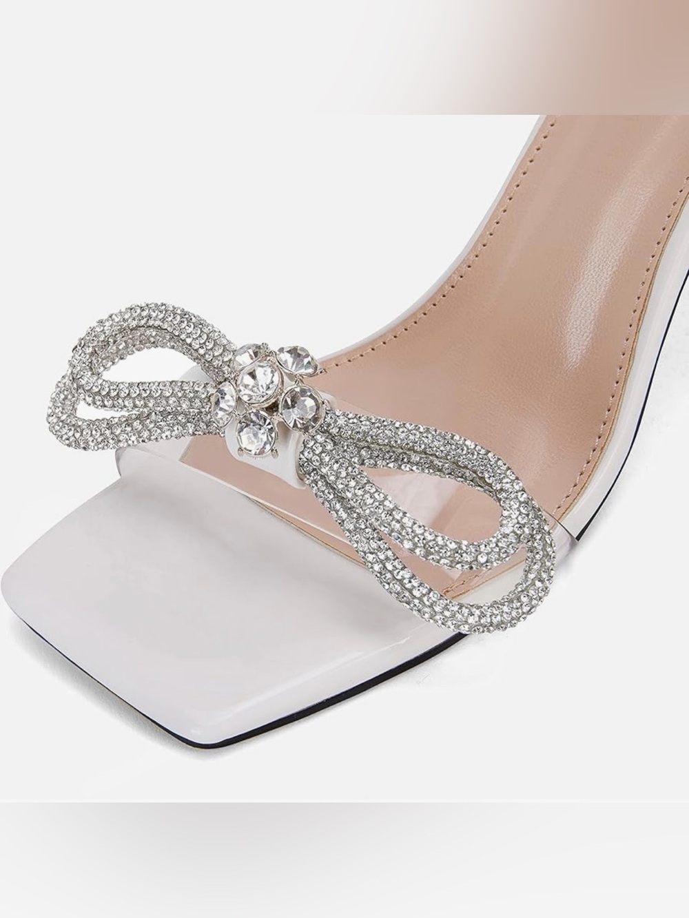 White Rhinestone Bow Heels Sandals Strappy Lace Up Pumps Wedding Shoes, Size 7 - Picture 4 of 6